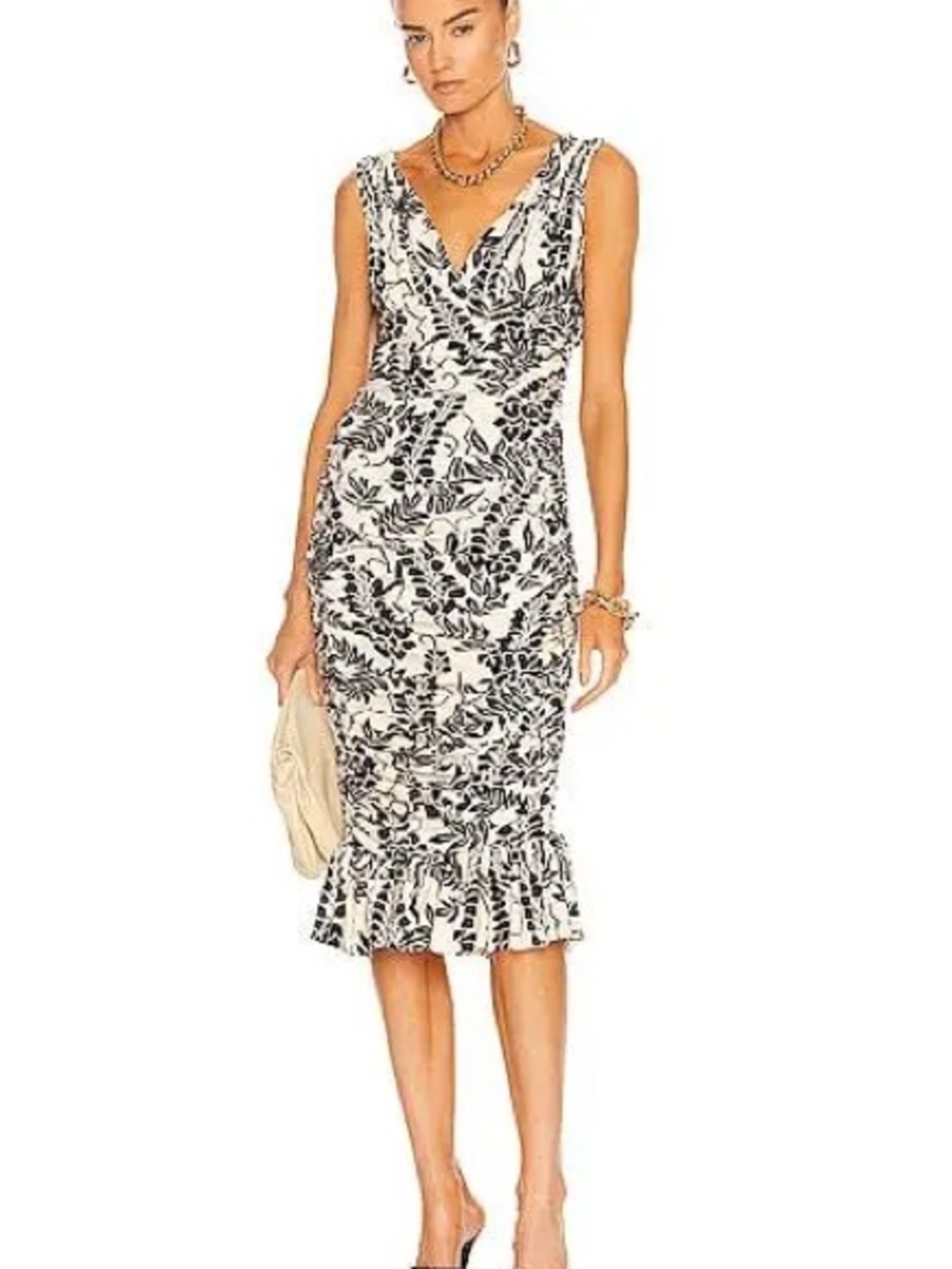 Norma Kamali Women Leaf Print V-Neck Ruffle-Hem Ruched Cocktail Midi Dress Large